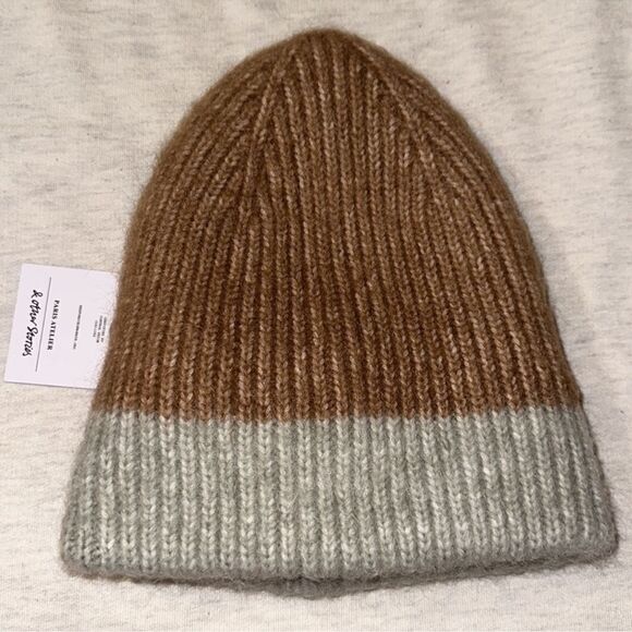 & Other Stories Ribbed Knit Color BlockโBeanie Hat in Brown & Light Green - Picture 8 of 10